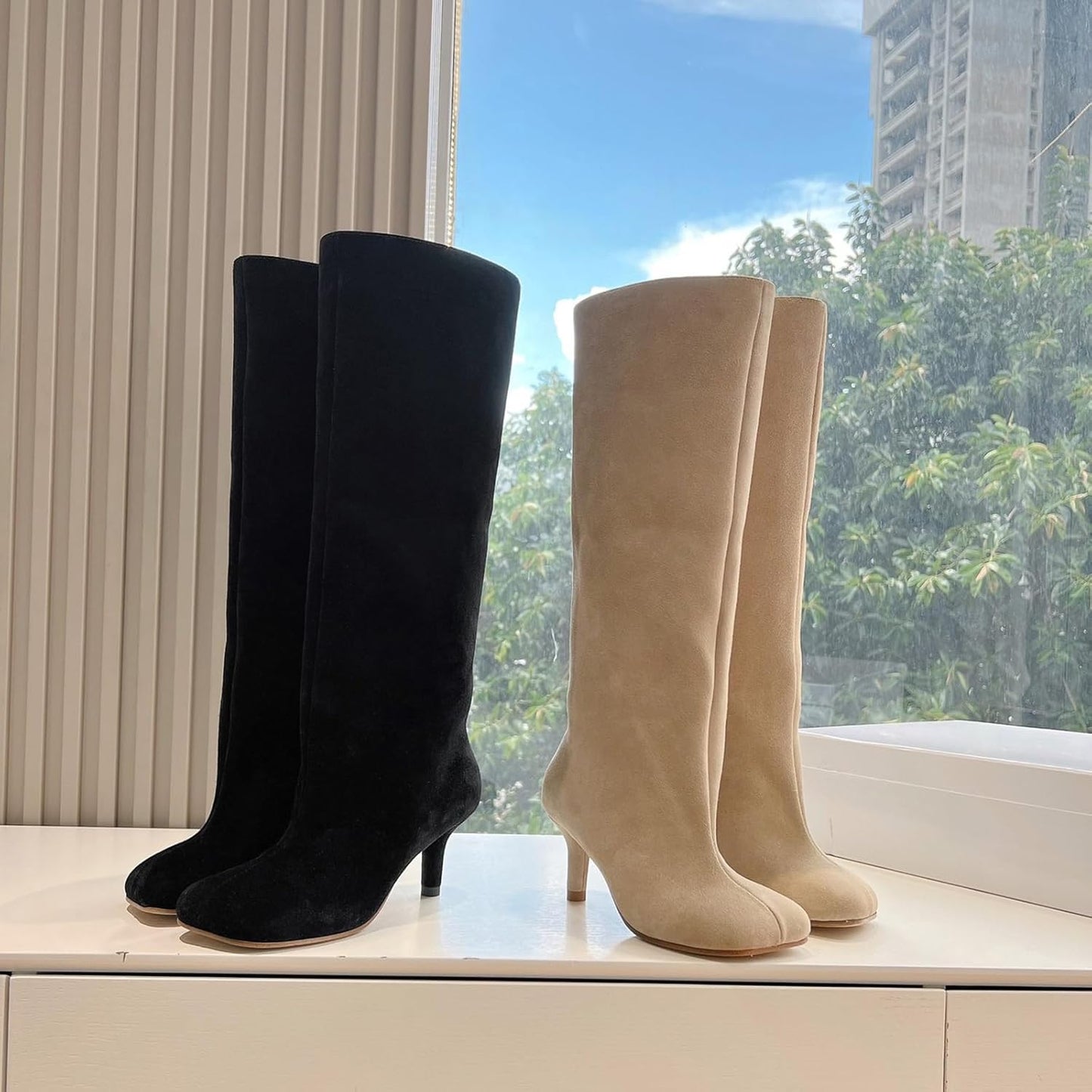 Riding Knee High Boots for Women Pointed Toe Extra Wide Width Stiletto Heel Boot for Winter Sexy Fashion Slip On Boots In Black