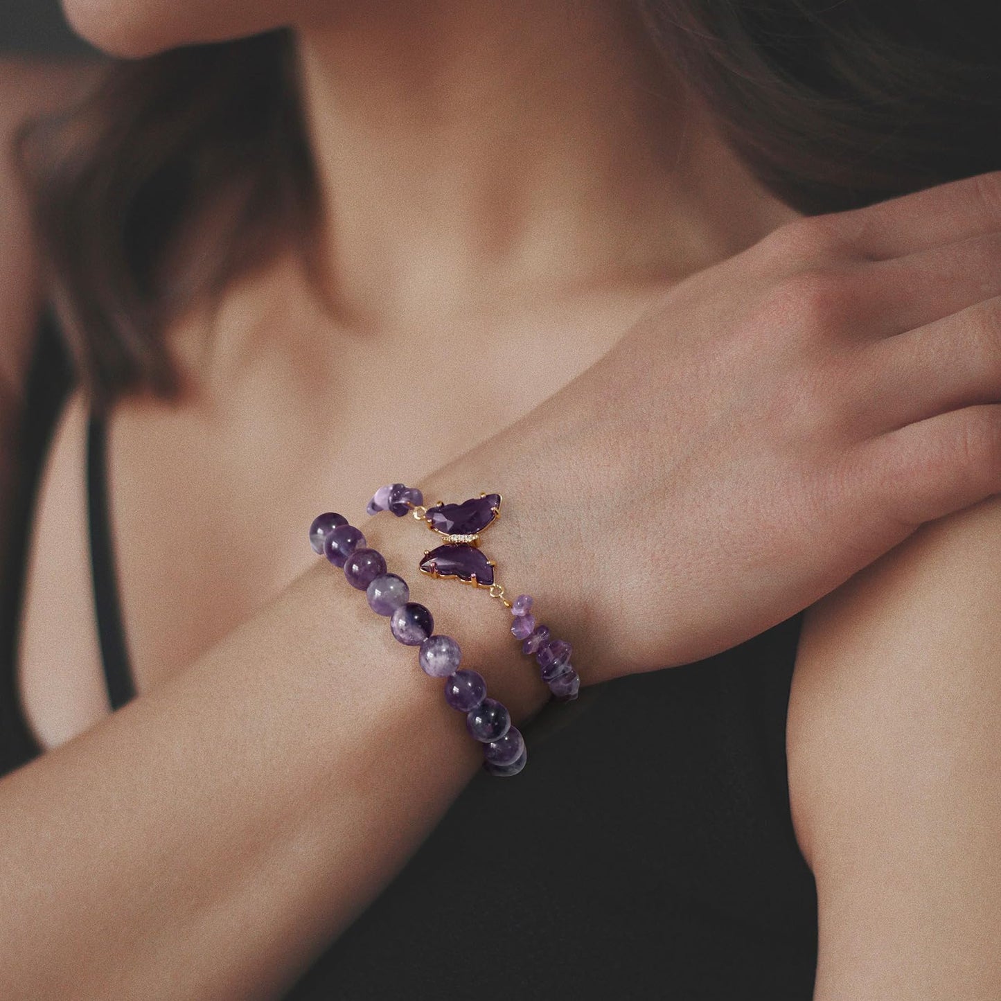 Amethyst Bracelet For Women Anxiety Amethyst Beaded Bracelets Butterfly Charms Healing Stone Layered Bracelet Gifts For Women