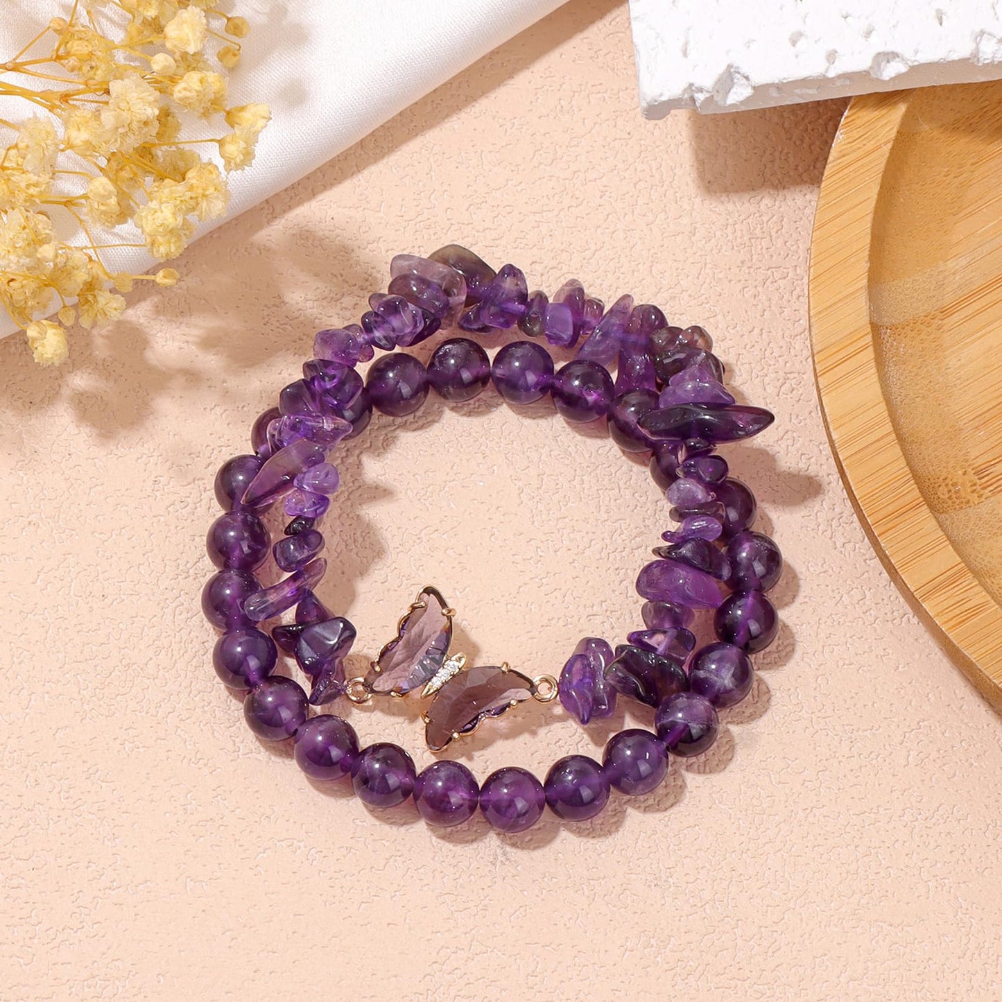 Amethyst Bracelet For Women Anxiety Amethyst Beaded Bracelets Butterfly Charms Healing Stone Layered Bracelet Gifts For Women